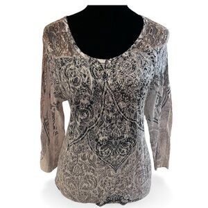 y2k white and gray rhinestone paisley cyber mesh long sleeve top large